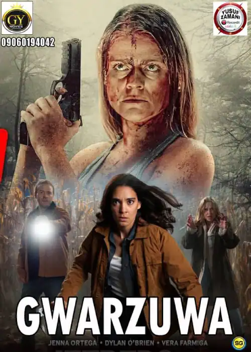 Suspenseful Arewa movie poster featuring intense characters, horror, and action scenes.